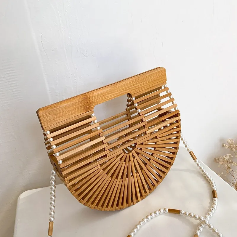 Pearl-Decorated Wooden Crossbody Bag