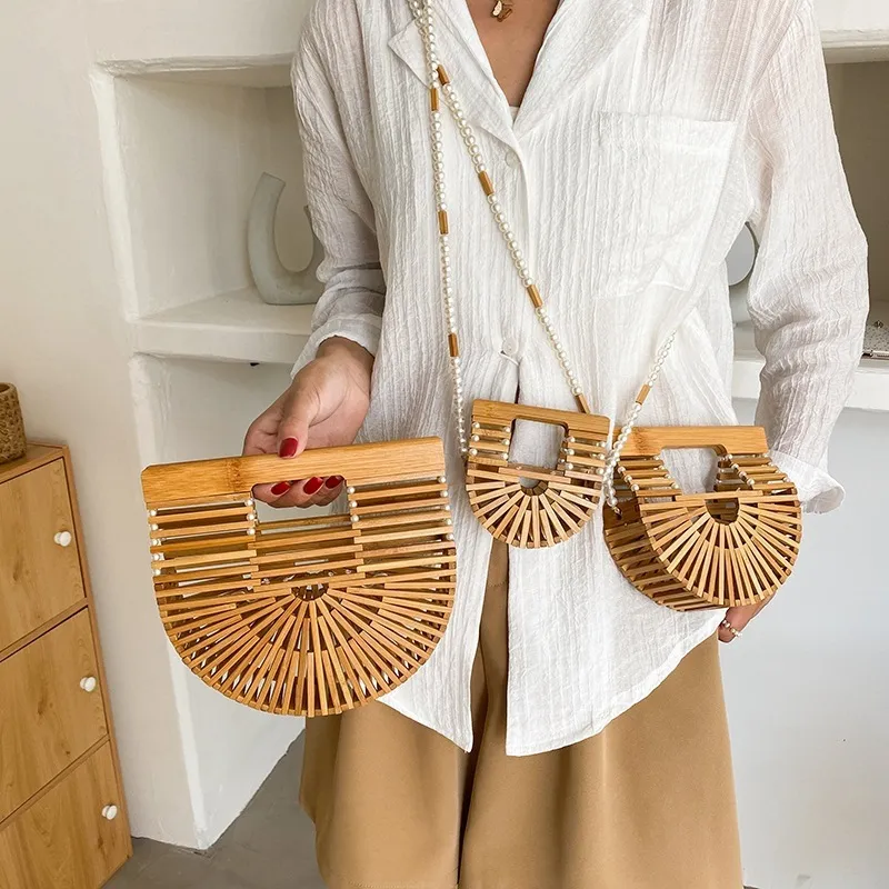 Pearl-Decorated Wooden Crossbody Bag